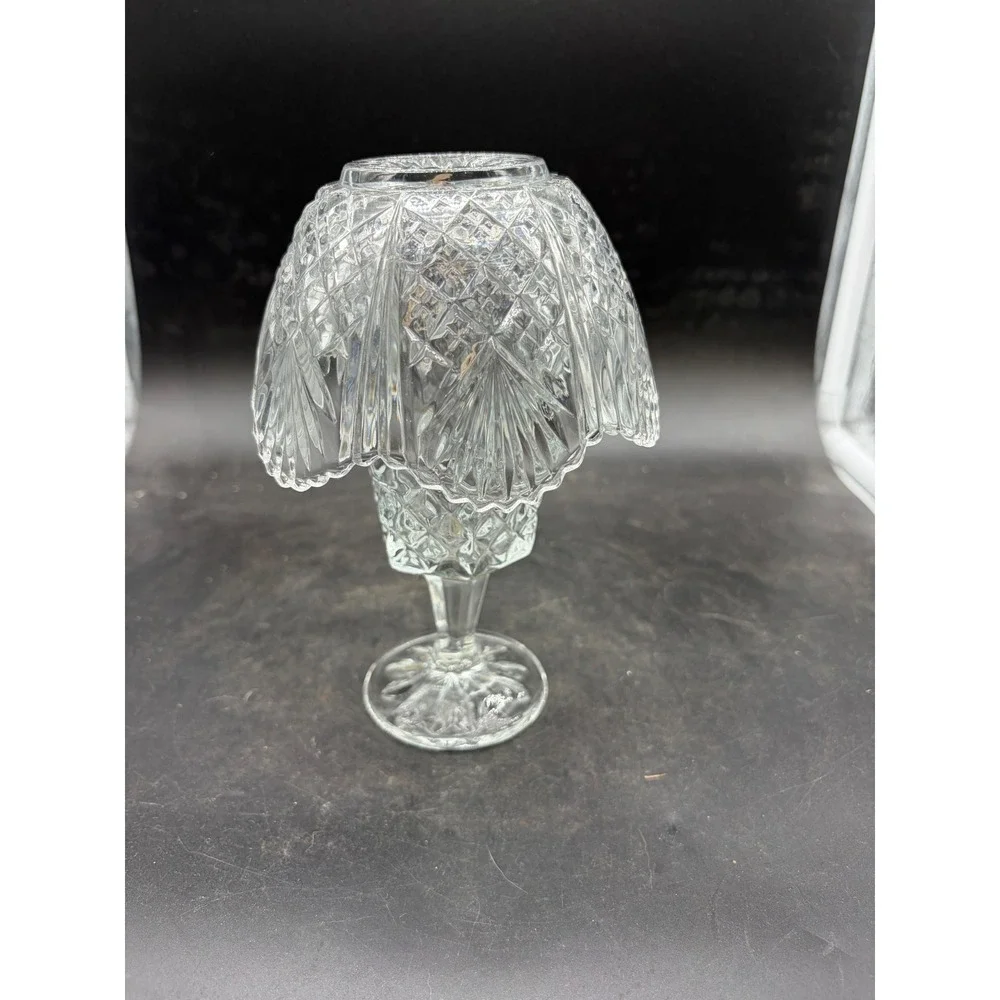 Vintage Crystal Glass Fairy Lamp Candle Holder Diamond Point Cut 2 Piece 6.5in